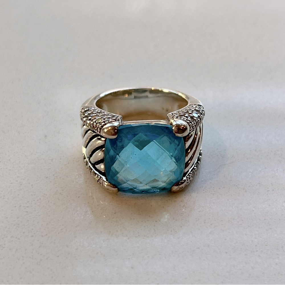 David Yurman Sterling Silver 925 Blue Topaz Diamond Cable Band Ring Size 6